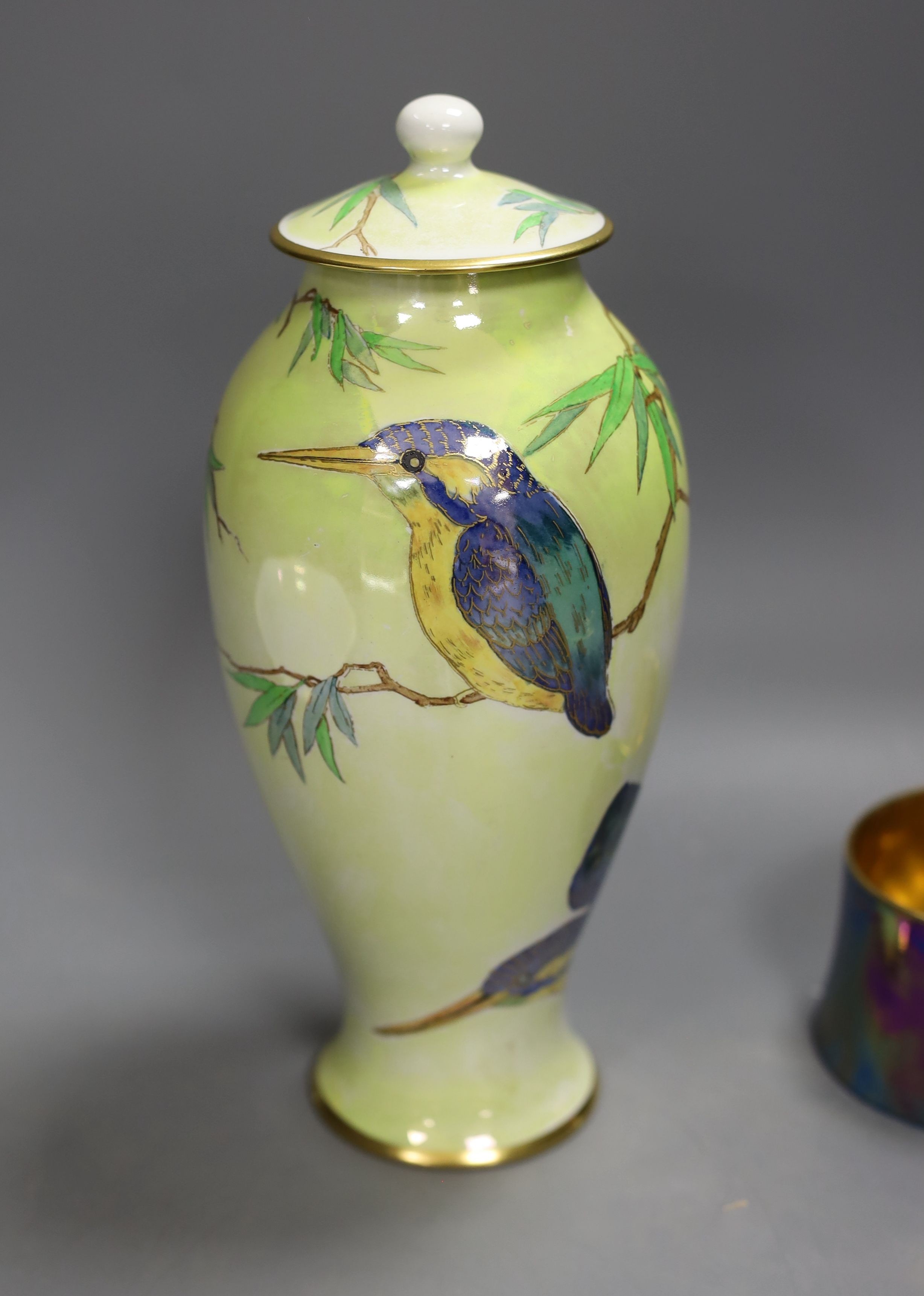 A Carlton ware lustre coffee set for six, two handled bowl, ash tray and ‘kingfisher’ vase and cover, 24cm tall